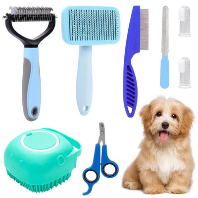 Pet Grooming Kit, 8 pc Pet Grooming Brush Set, Includes Pet Nail Clippers, Scissors, Shampoo, Brush. Hair Removal Brush & Silicone Toothbrush