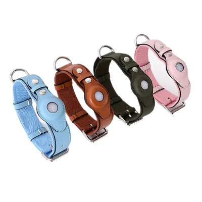 Adjustable Leather Dog Collar with Luxury Design for Apple Airtag Location positioning Device