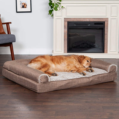 Orthopedic Bed for Dogs or Cats W/ Removable Bolsters & Washable Cover and Luxe Faux Fur & Performance Linen 