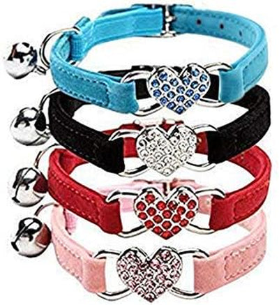 Soft Velvet Safe Cat Adjustable Collar with Crystal Heart Charm and Bells 