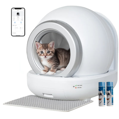 Automatic Self-Cleaning Cat Litter Box with Plastic Pad, Smart Cat Litter Box with APP Control, White